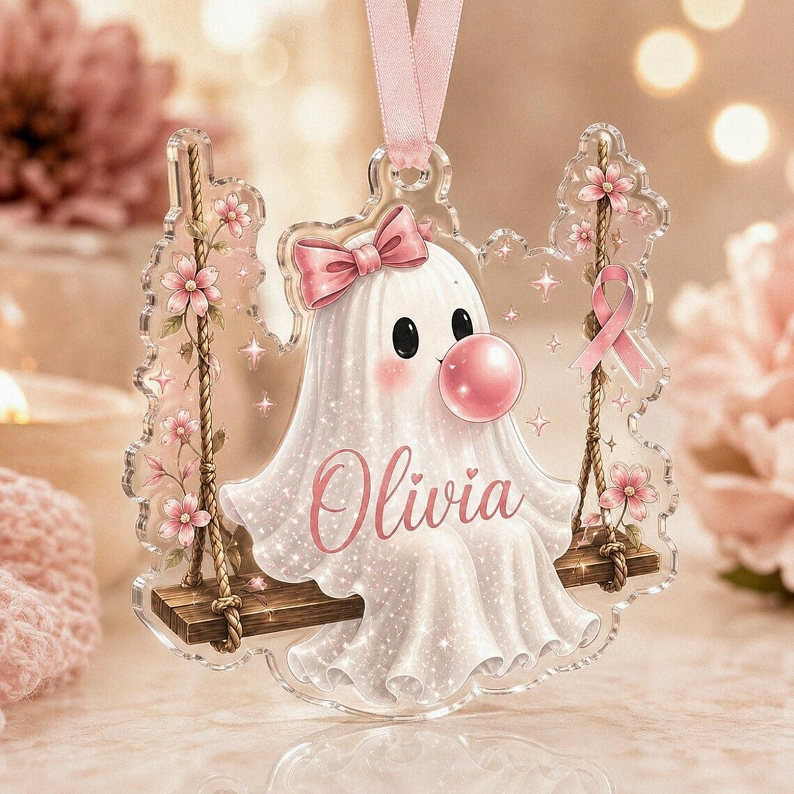Personalized Pink Ghost Halloween Acrylic Ornament, Breast Cancer Awareness Gift Bubblegum Ghost Keepsake