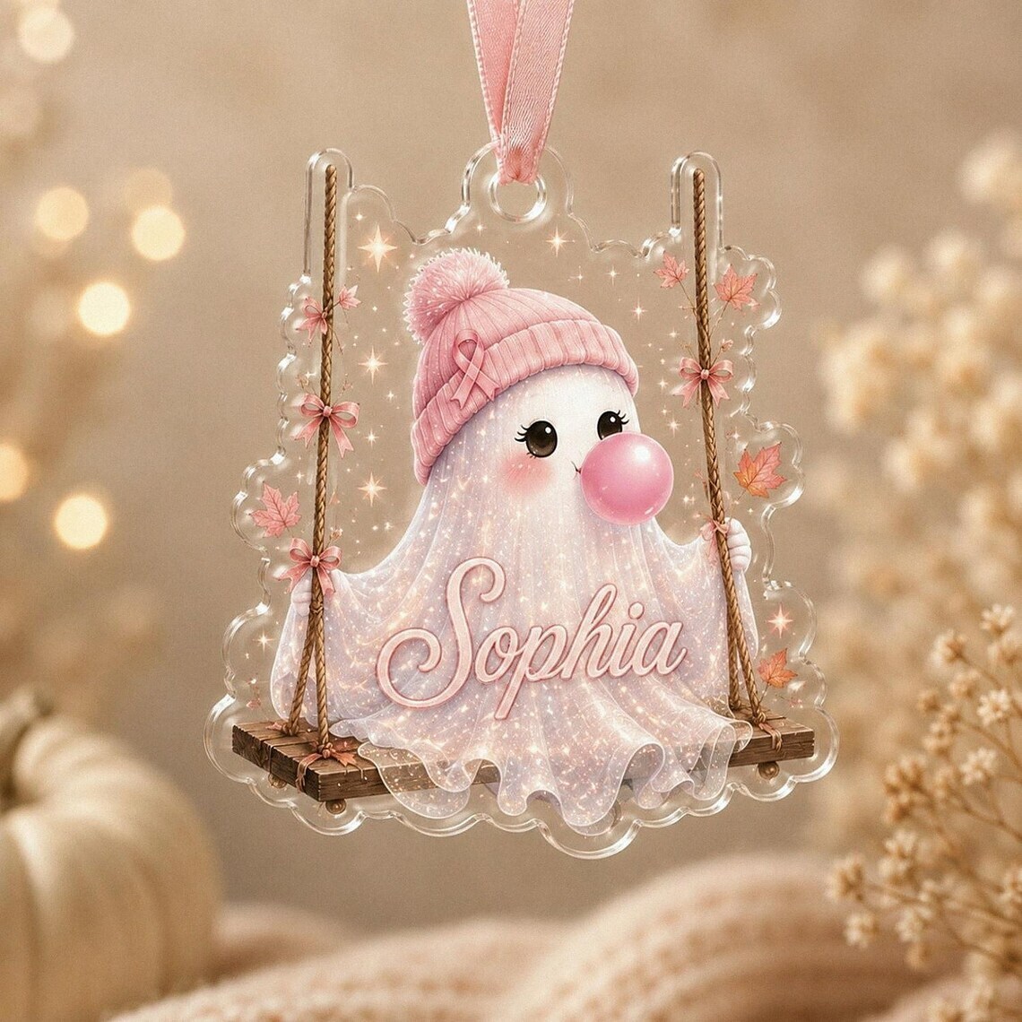 Personalized Pink Ghost Halloween Acrylic Ornament, Breast Cancer Awareness Gift Bubblegum Ghost Keepsake