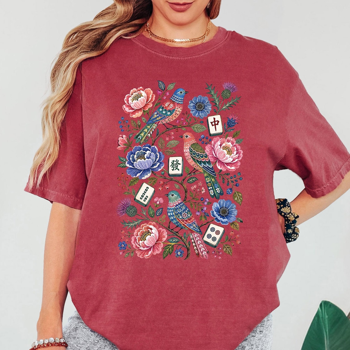 Mahjong Bird Floral Shirt Colorful Tile Game Tee