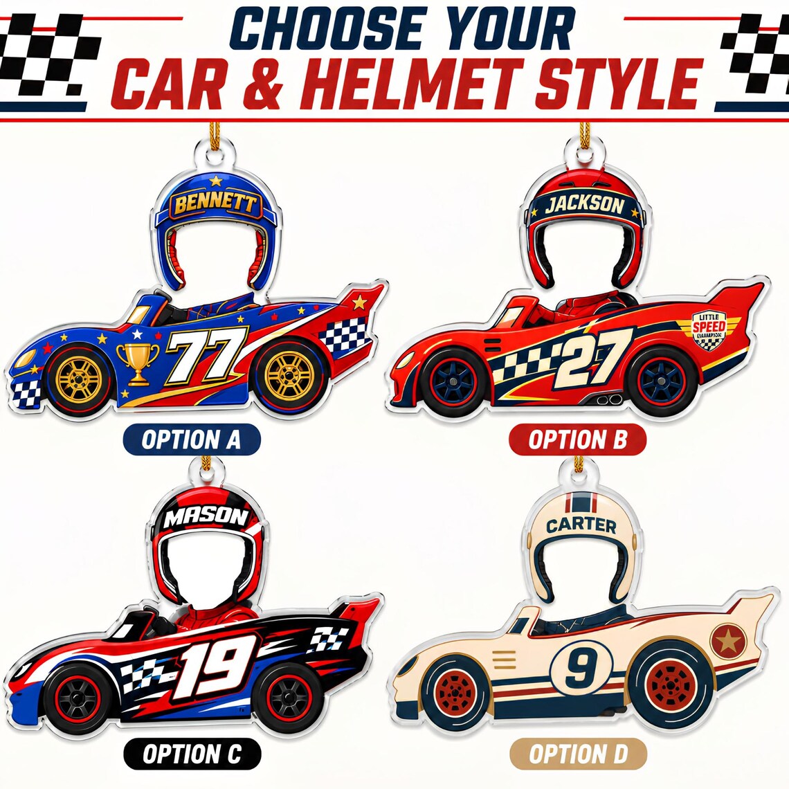 Personalized Race Car Christmas Ornament, Custom Photo Name & Number Keepsake Christmas Gift, Acrylic Xmas Tree Decoration