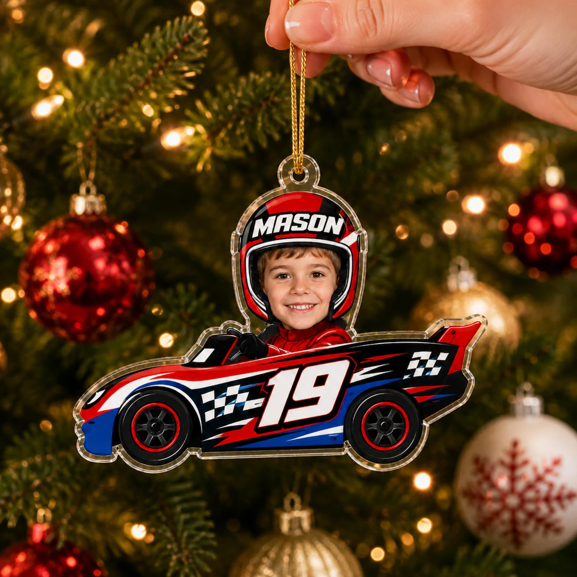 Personalized Race Car Christmas Ornament, Custom Photo Name & Number Keepsake Christmas Gift, Acrylic Xmas Tree Decoration
