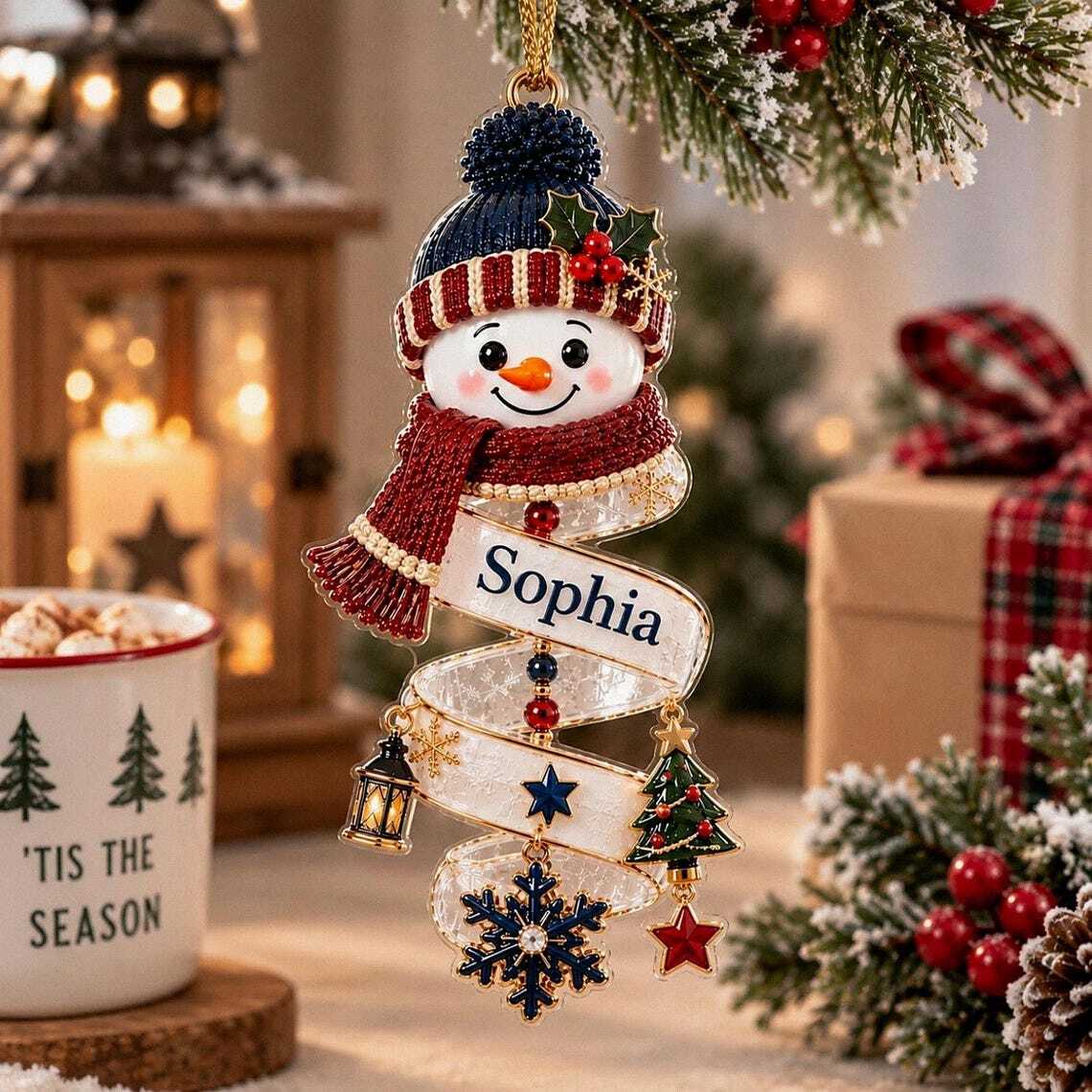 Personalized Snowman Acrylic Ornament Personalized Spiral Christmas Keepsake Funny Cute Winter Holiday Bauble