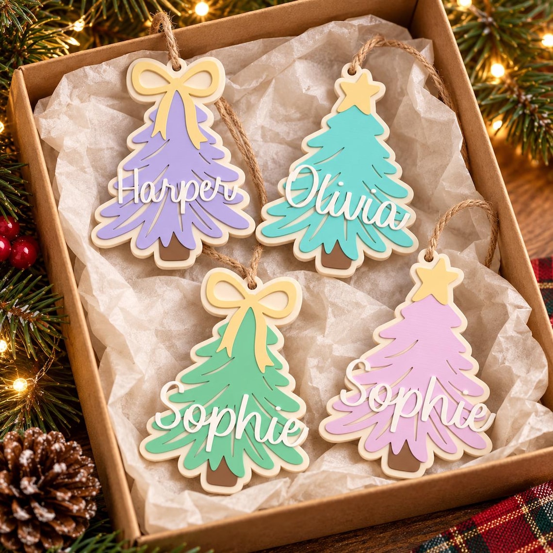 Personalized 3D Printed Pastel Christmas Tree Ornament Custom Name Hanging Decor