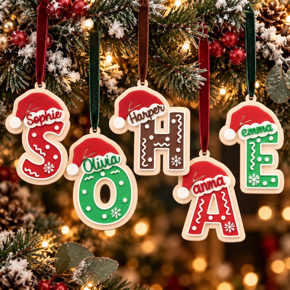 Personalized 3D Printed Christmas Letter Ornament Custom Name Santa Hat Hanging Decor