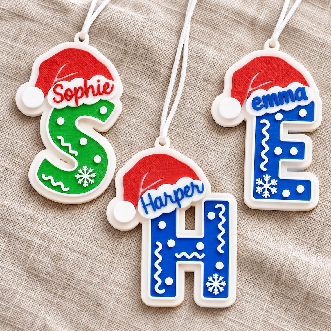 Personalized 3D Printed Christmas Letter Ornament Custom Name Santa Hat Hanging Decor
