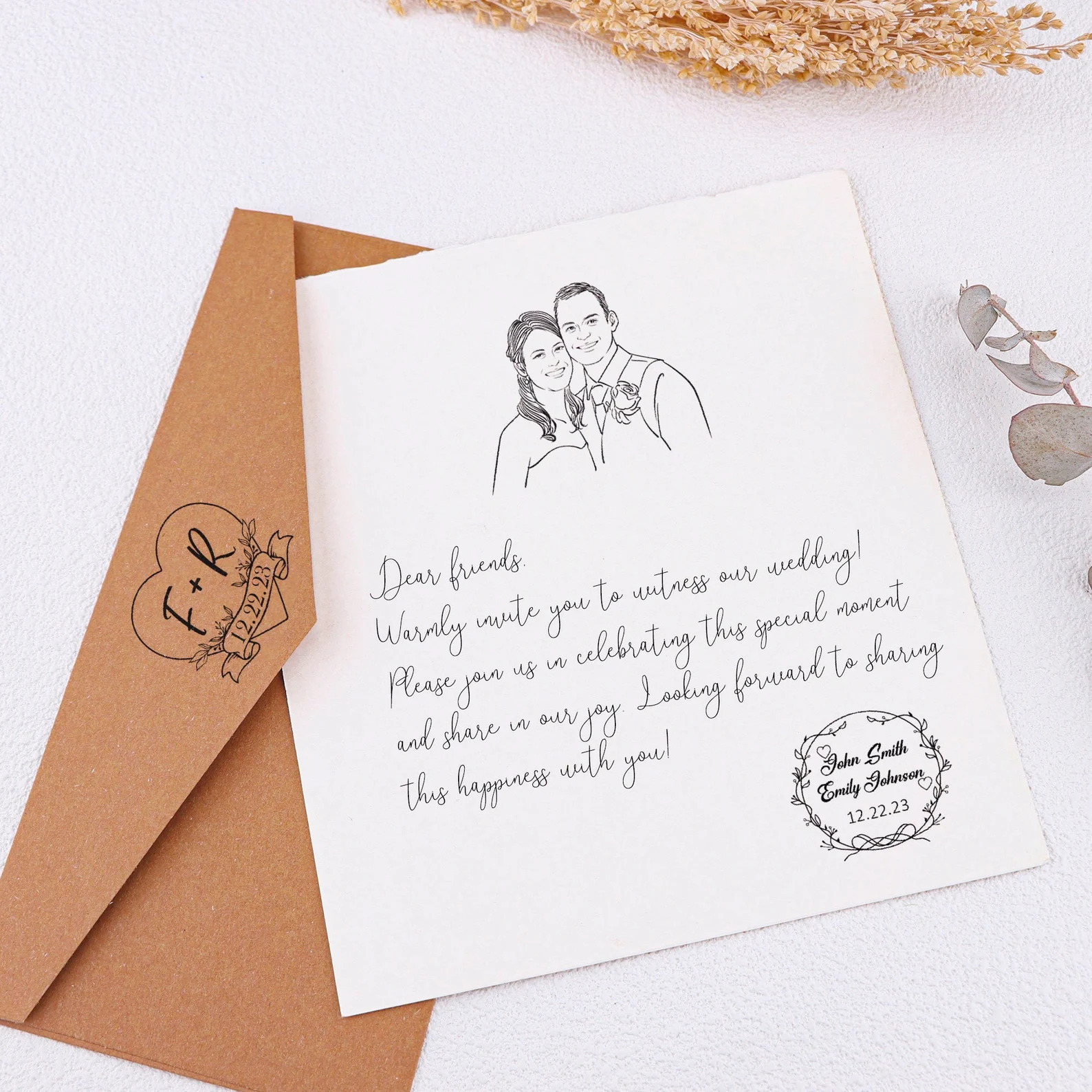 Personalized Photo Wedding Invitation Set Personalized Couple Portrait Sketch Invite With Custom Monogram Stamp And Kraft Envelope