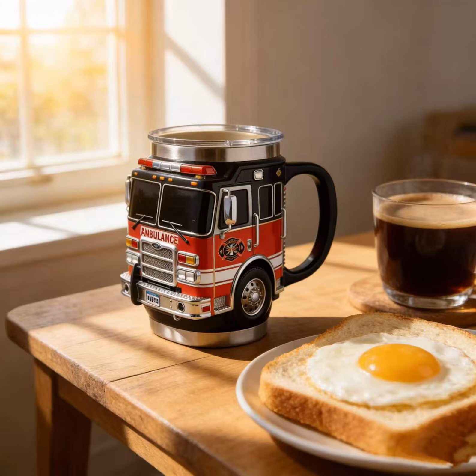 3D Rescue Vehicle Resin Coffee Mug, Fire Truck Ambulance Police Car Shaped Stainless Steel Inner Cup, Novelty Decorative Drinking Mug Gift