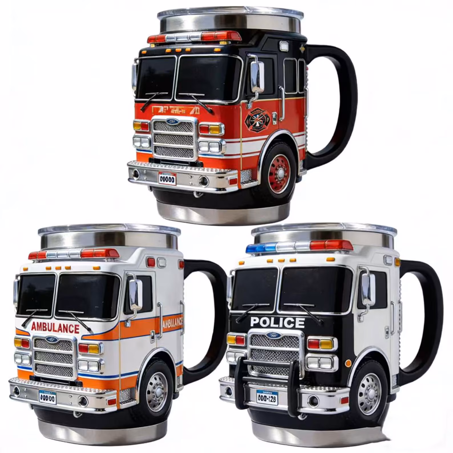 3D Rescue Vehicle Resin Coffee Mug, Fire Truck Ambulance Police Car Shaped Stainless Steel Inner Cup, Novelty Decorative Drinking Mug Gift