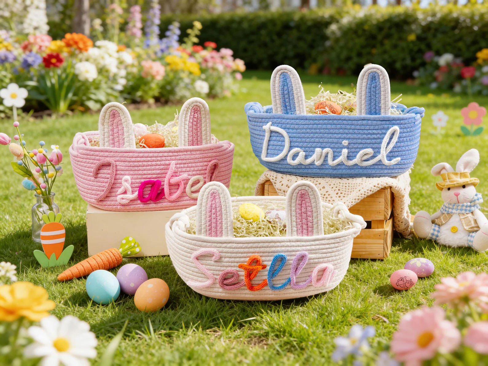 Personalized easter Basket, Easter Basket 2026 with Name, Easter Egg Hunt Gift for Kids,Spring Decor Basket,