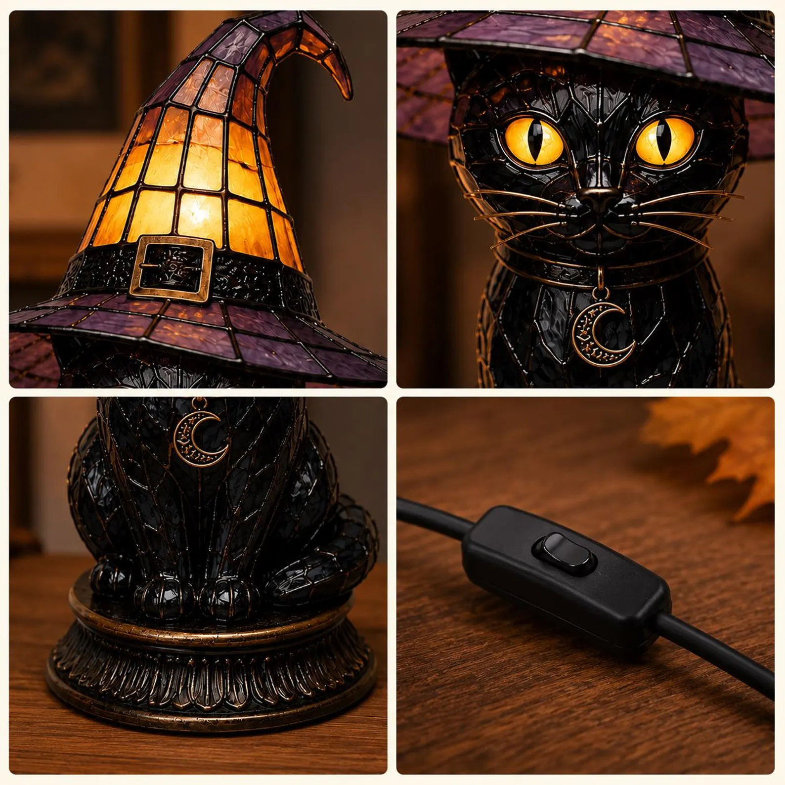Resin Witch Black Cat Lamp Wizard Cat Figurine Table Night Light Gothic Desktop Ornament Witchy Home Halloween Decor Gift for Cat Lovers