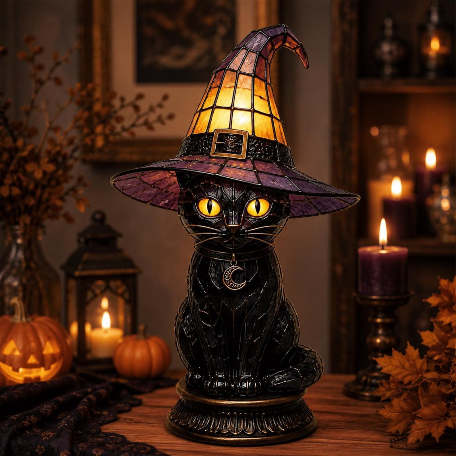 Resin Witch Black Cat Lamp Wizard Cat Figurine Table Night Light Gothic Desktop Ornament Witchy Home Halloween Decor Gift for Cat Lovers