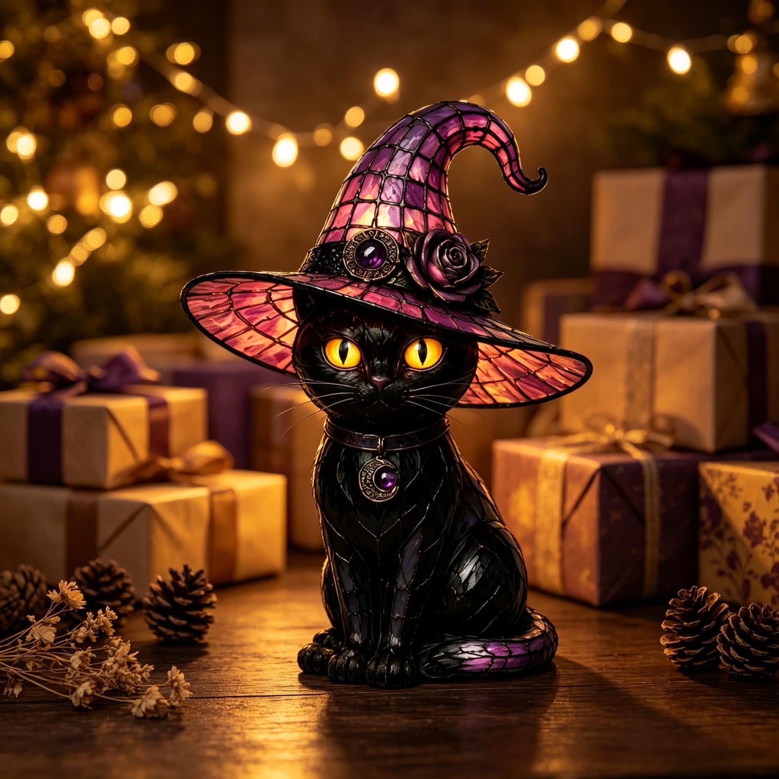 Resin Witch Black Cat Lamp Wizard Cat Figurine Table Night Light Gothic Desktop Ornament Witchy Home Halloween Decor Gift for Cat Lovers