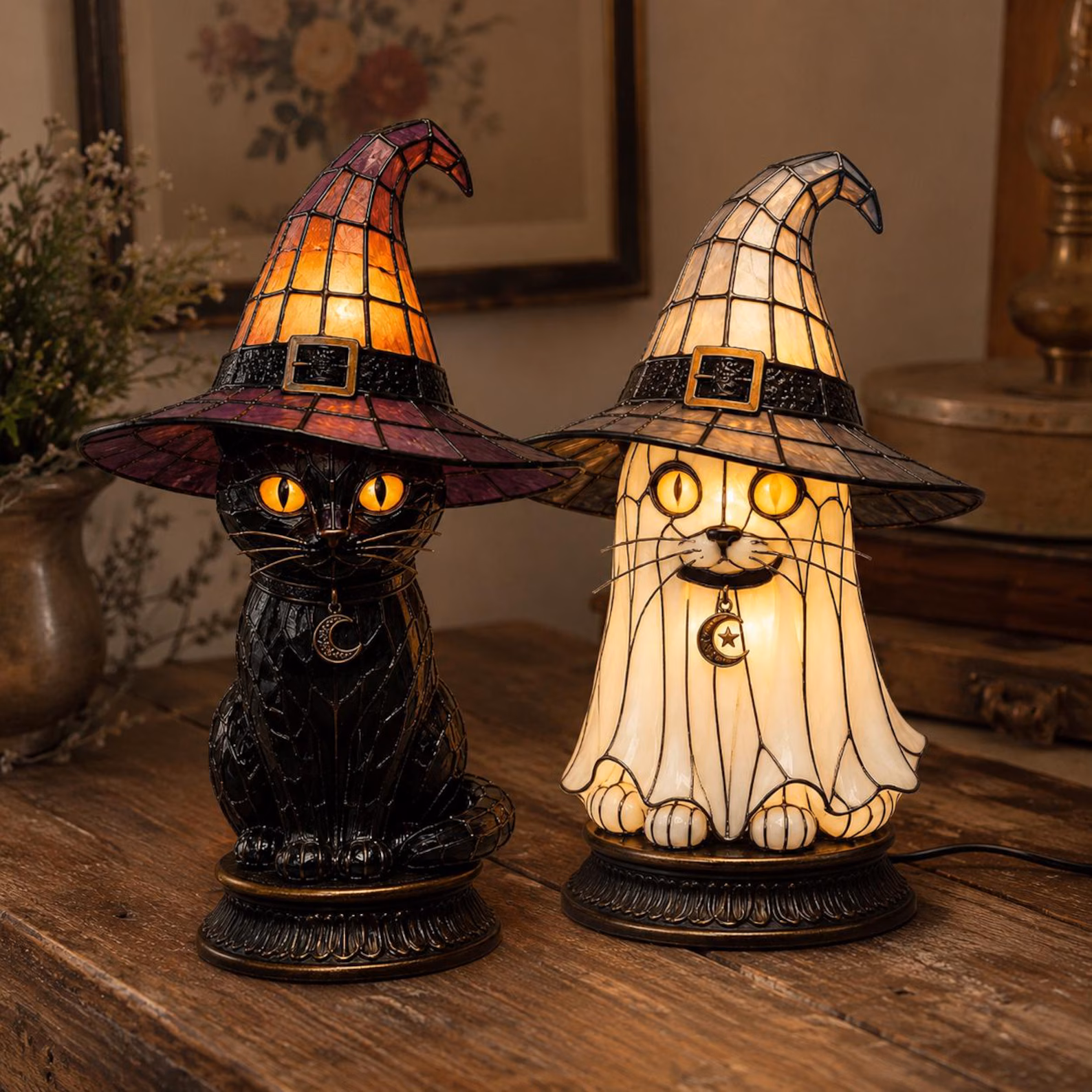 Resin Witch Black Cat Lamp Wizard Cat Figurine Table Night Light Gothic Desktop Ornament Witchy Home Halloween Decor Gift for Cat Lovers