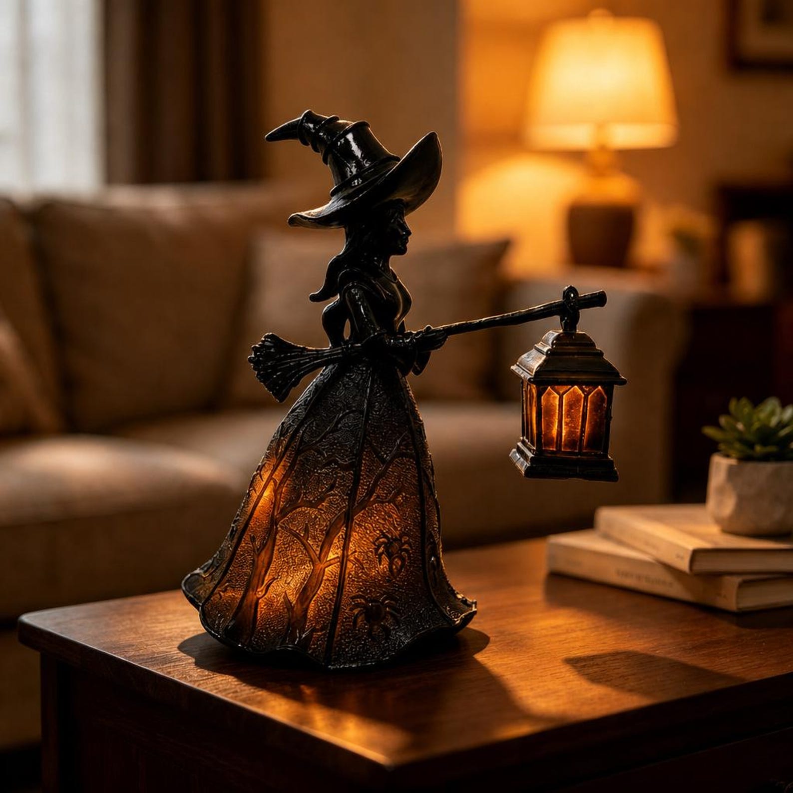 Halloween Witch Statue With Lighted Lantern Battery Operated Resin Witch Figurine Spooky Gothic Desktop Decor