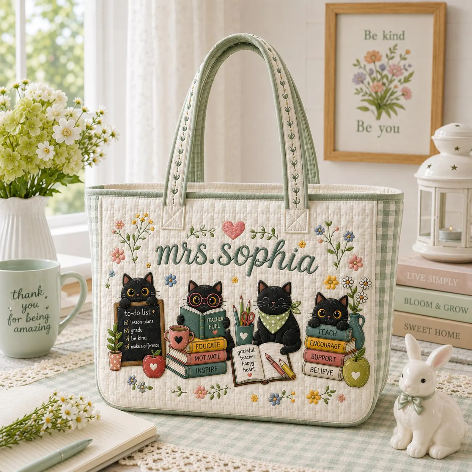Personalized Teacher Quilted Tote Bag Gift Black Cats Custom Name Bag Back to School Gift for Teacher