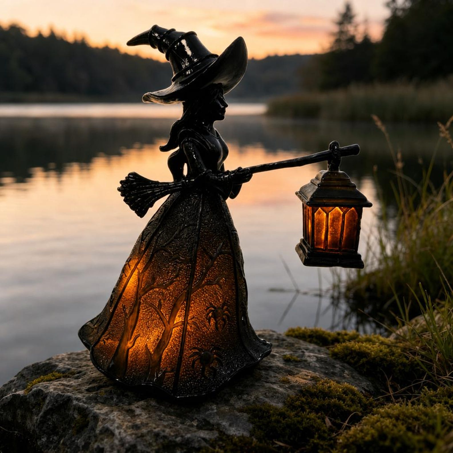 Halloween Witch Statue With Lighted Lantern Battery Operated Resin Witch Figurine Spooky Gothic Desktop Decor