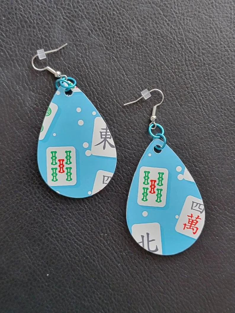 Personalized Mahjong Acrylic Earrings Custom Teardrop Shape Mahjong Tile Dangle Earrings for Game Night and Lucky Jewelry