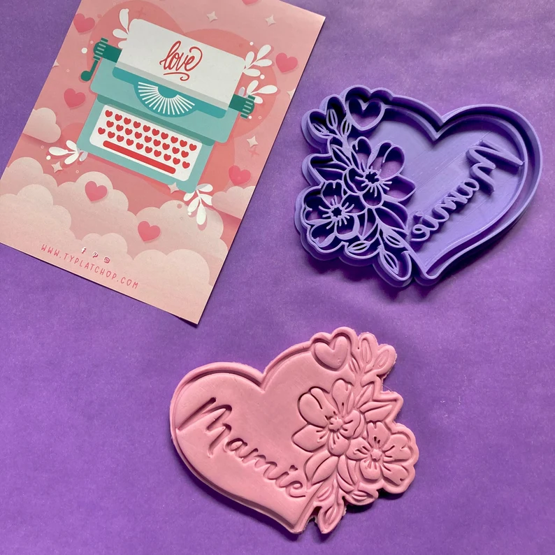 Personalized Mom Heart Flower Cookie Cutter and Embosser Mold Mother’s Day Floral Design Perfect for Family Baking
