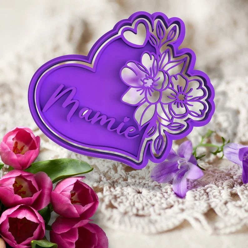 Personalized Mom Heart Flower Cookie Cutter and Embosser Mold Mother’s Day Floral Design Perfect for Family Baking