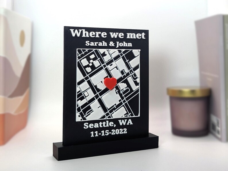 Personalized Where We Met 3D Printed Map Sign Custom Location Heart Marker for Engagement and Anniversary Gifts