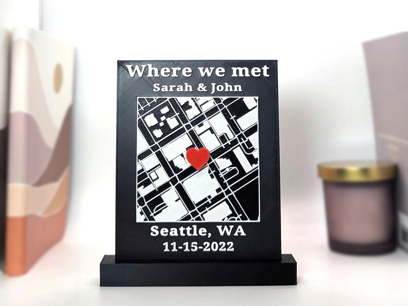 Personalized Where We Met 3D Printed Map Sign Custom Location Heart Marker for Engagement and Anniversary Gifts