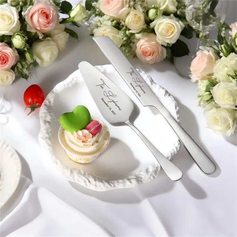 Personalized Wedding Cake Knife and Server Set Engraved Cake Cutting Utensils Perfect for Weddings Anniversaries Engagements