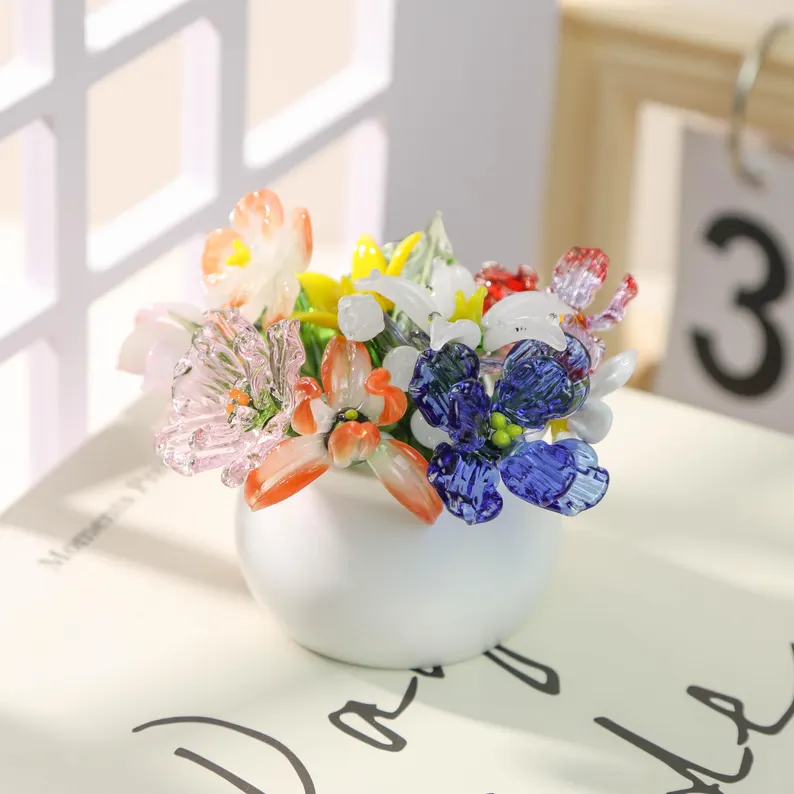 [Copy]Personalized Glass Birth Month Flower Birth Flower Gift Hand Blown Spring Flower Glass Flower Bouquet Valentine's Day Gift For Her Home Decor