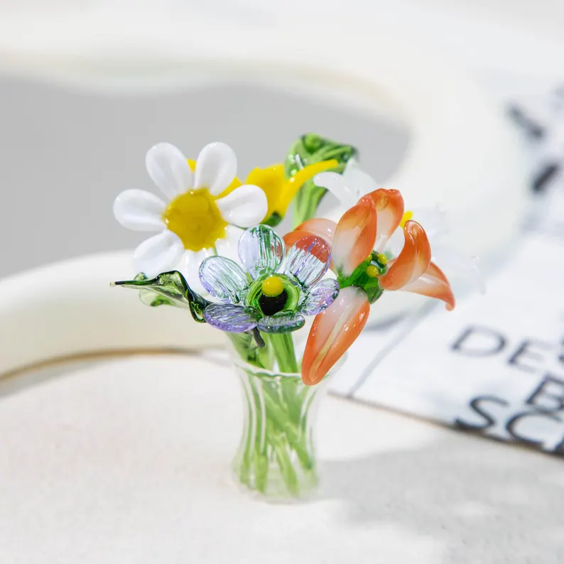 [Copy]Personalized Glass Birth Month Flower Birth Flower Gift Hand Blown Spring Flower Glass Flower Bouquet Valentine's Day Gift For Her Home Decor