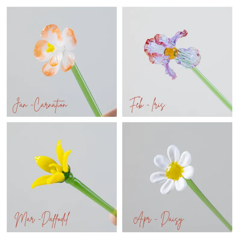 [Copy]Personalized Glass Birth Month Flower Birth Flower Gift Hand Blown Spring Flower Glass Flower Bouquet Valentine's Day Gift For Her Home Decor