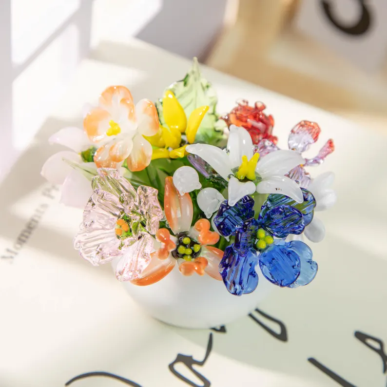 [Copy]Personalized Glass Birth Month Flower Birth Flower Gift Hand Blown Spring Flower Glass Flower Bouquet Valentine's Day Gift For Her Home Decor