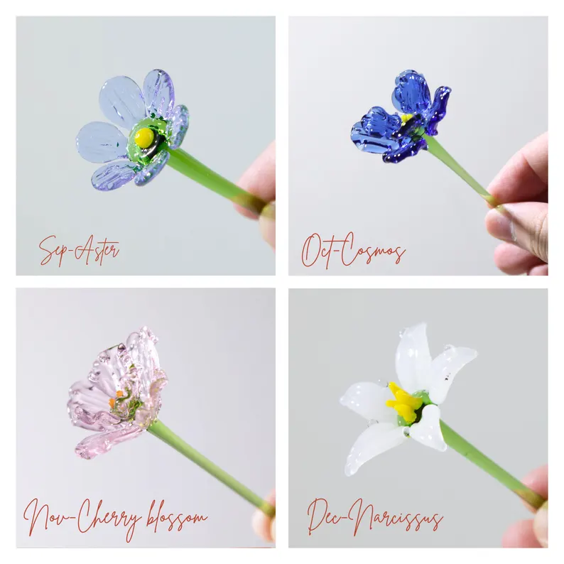 [Copy]Personalized Glass Birth Month Flower Birth Flower Gift Hand Blown Spring Flower Glass Flower Bouquet Valentine's Day Gift For Her Home Decor