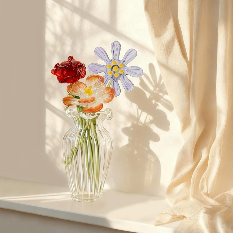 Personalized Glass Birth Month Flower Birth Flower Gift Hand Blown Spring Flower Glass Flower Bouquet Valentine's Day Gift For Her Home Decor