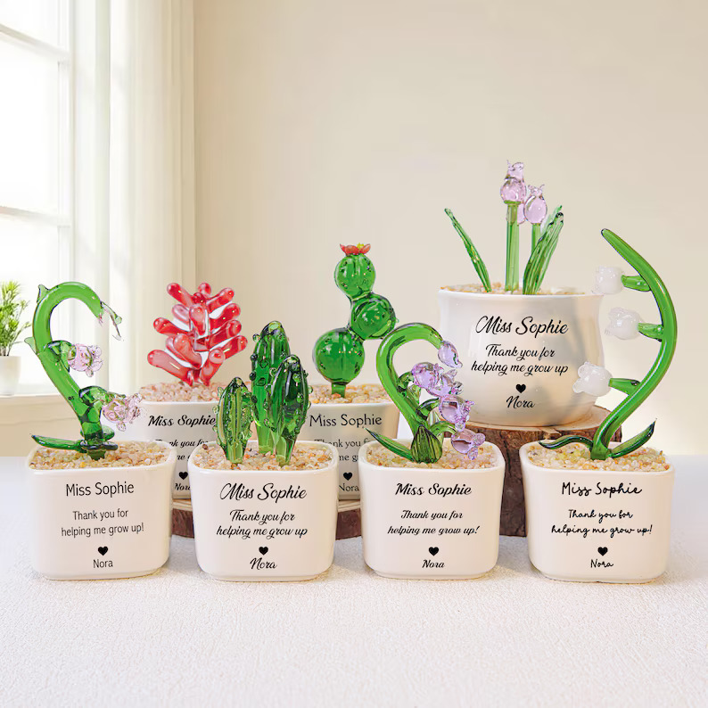 Customizable Glass Flower And Succulent Mini Potted Plants Handcrafted Decorative Figurines With Personalized Ceramic Pots Ideal For Teacher Appreciation Gifts And Desk Decor