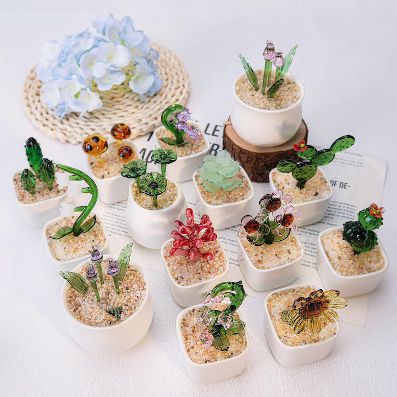 Customizable Glass Flower And Succulent Mini Potted Plants Handcrafted Decorative Figurines With Personalized Ceramic Pots Ideal For Teacher Appreciation Gifts And Desk Decor