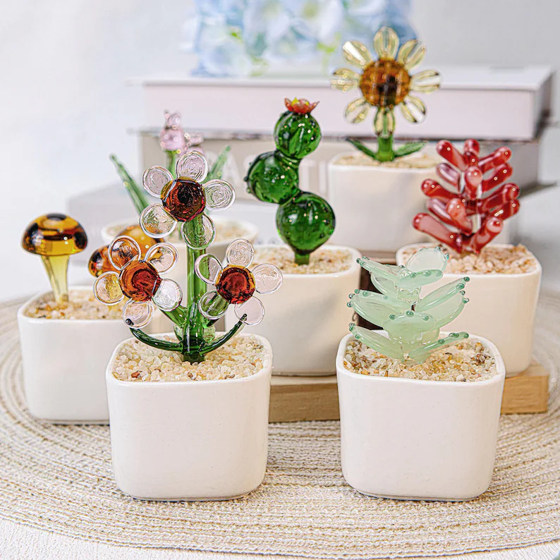 Customizable Glass Flower And Succulent Mini Potted Plants Handcrafted Decorative Figurines With Personalized Ceramic Pots Ideal For Teacher Appreciation Gifts And Desk Decor