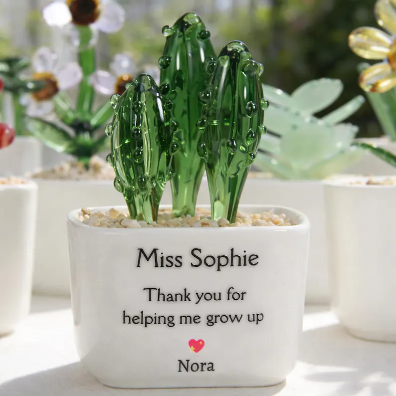 Customizable Glass Flower And Succulent Mini Potted Plants Handcrafted Decorative Figurines With Personalized Ceramic Pots Ideal For Teacher Appreciation Gifts And Desk Decor