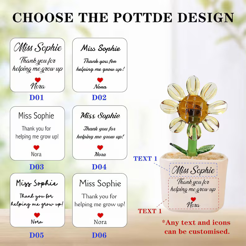 Customizable Glass Flower And Succulent Mini Potted Plants Handcrafted Decorative Figurines With Personalized Ceramic Pots Ideal For Teacher Appreciation Gifts And Desk Decor