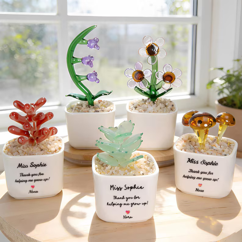 Customizable Glass Flower And Succulent Mini Potted Plants Handcrafted Decorative Figurines With Personalized Ceramic Pots Ideal For Teacher Appreciation Gifts And Desk Decor