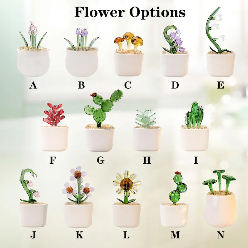 Customizable Glass Flower And Succulent Mini Potted Plants Handcrafted Decorative Figurines With Personalized Ceramic Pots Ideal For Teacher Appreciation Gifts And Desk Decor