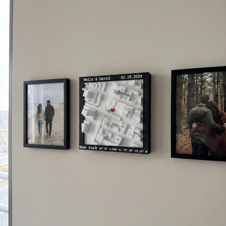 Personalized 3D Printed Location Map Wall Art Custom Coordinates and Heart Marker for Wedding Proposal and Anniversary Gifts
