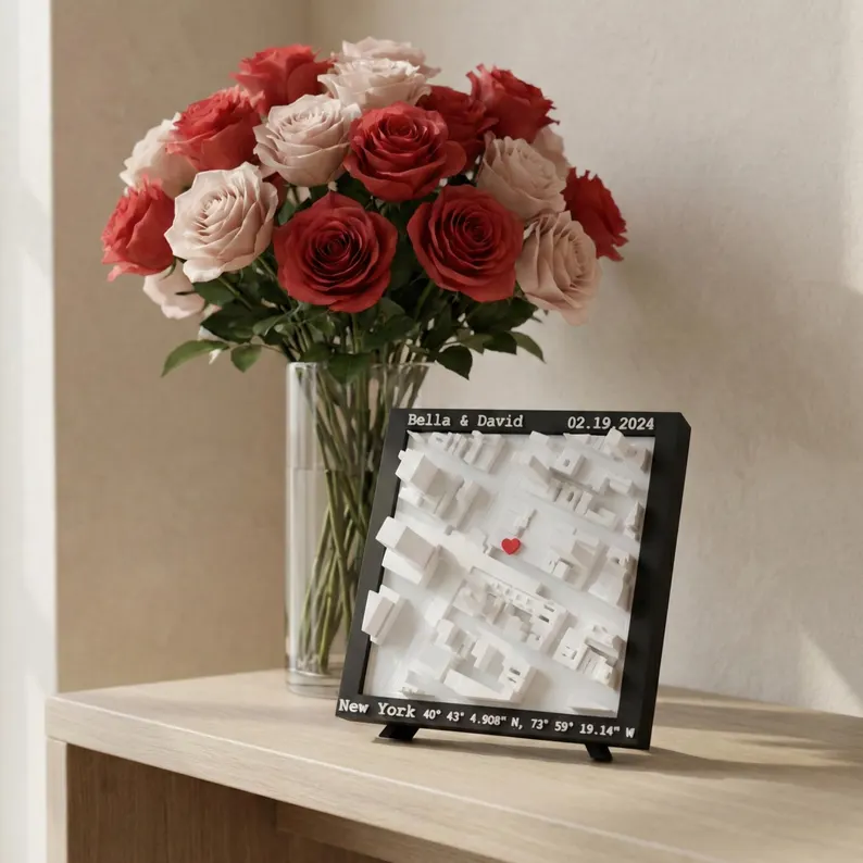 Personalized 3D Printed Location Map Wall Art Custom Coordinates and Heart Marker for Wedding Proposal and Anniversary Gifts