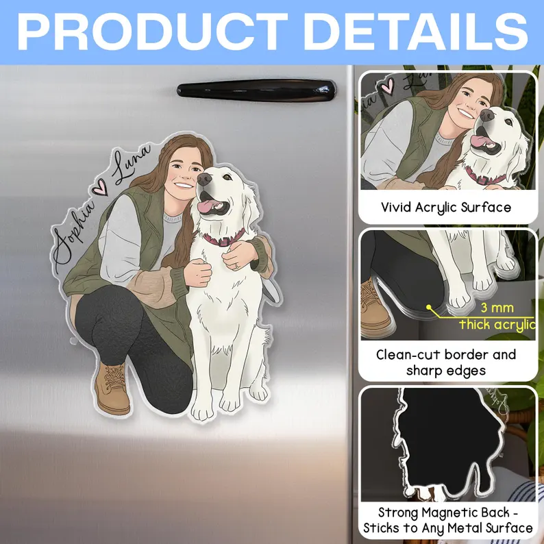 Personalized Photo Fridge Magnet Custom Cartoon Portrait Pet and Family Magnet with Names for Refrigerator Decor and Sentimental Gifts