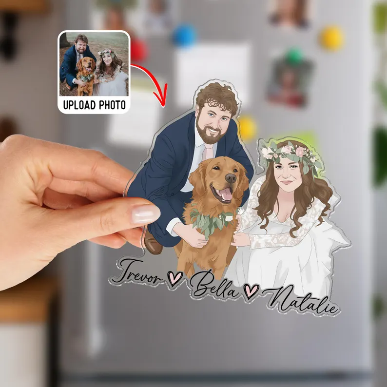 Personalized Photo Fridge Magnet Custom Cartoon Portrait Pet and Family Magnet with Names for Refrigerator Decor and Sentimental Gifts