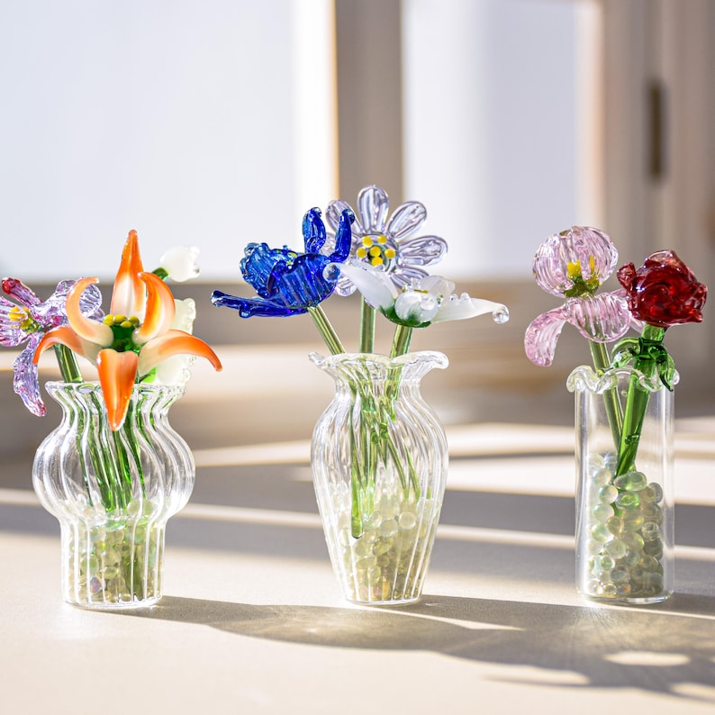 Personalized Glass Birth Month Flower Birth Flower Gift Hand Blown Spring Flower Glass Flower Bouquet Valentine's Day Gift For Her Home Decor