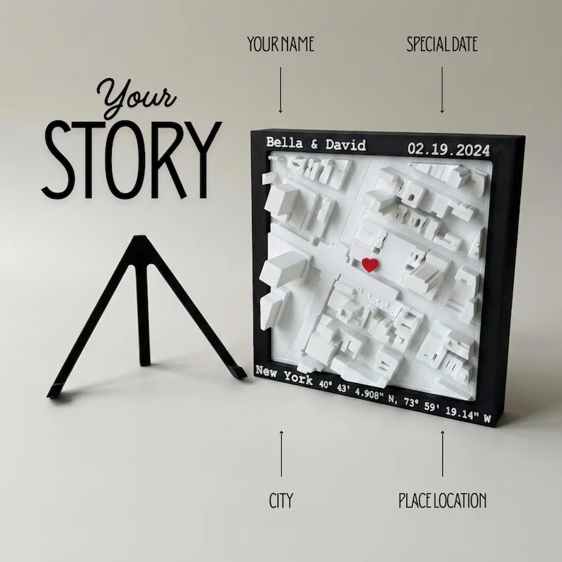 Personalized 3D Printed Location Map Wall Art Custom Coordinates and Heart Marker for Wedding Proposal and Anniversary Gifts