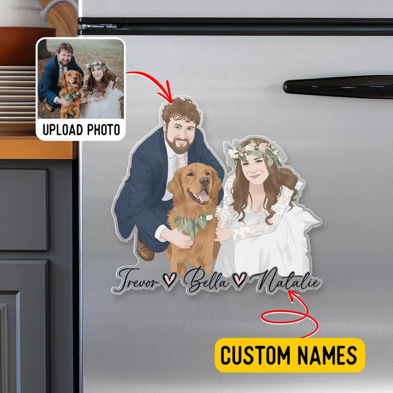 Personalized Photo Fridge Magnet Custom Cartoon Portrait Pet and Family Magnet with Names for Refrigerator Decor and Sentimental Gifts