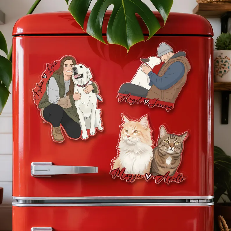 Personalized Photo Fridge Magnet Custom Cartoon Portrait Pet and Family Magnet with Names for Refrigerator Decor and Sentimental Gifts