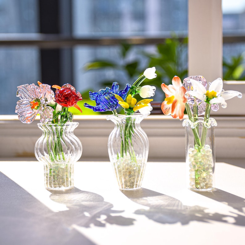 Personalized Glass Birth Month Flower Birth Flower Gift Hand Blown Spring Flower Glass Flower Bouquet Valentine's Day Gift For Her Home Decor