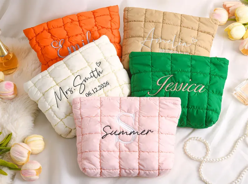 Personalized Quilted Makeup Bag,Custom Embroidered Cosmetic Bag,Bridesmaid Gift,Bachelorette Gift,Travel Makeup Pouch,Women Toiletry Bag