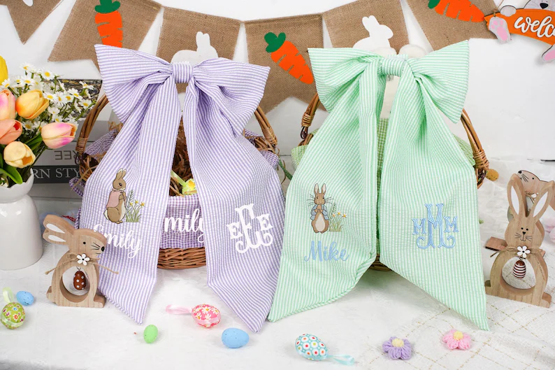 Personalized Seersucker Easter Basket Bow, Monogrammed Bunny Design, Easter Basket Decoration, Kids Gift, Spring Bunny Accessory